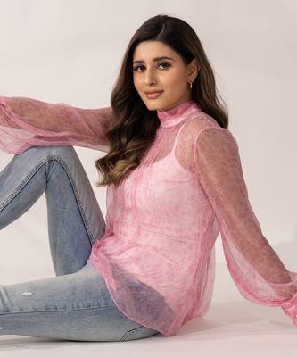 Pink cherry blossom high-neck top 5
