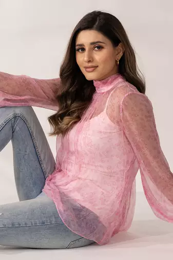 Pink cherry blossom high-neck top