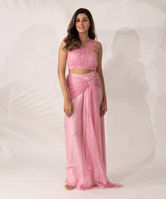 Pink cherry blossom co-ord with hand pleated crop top and tie-up pants 1