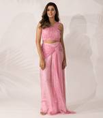 Pink cherry blossom co-ord with hand pleated crop top and tie-up pants