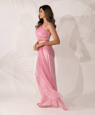 Pink cherry blossom co-ord with hand pleated crop top and tie-up pants 2