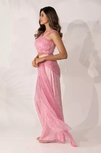 Pink cherry blossom co-ord with hand pleated crop top and tie-up pants