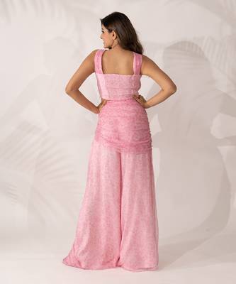 Pink cherry blossom co-ord with hand pleated crop top and tie-up pants 3