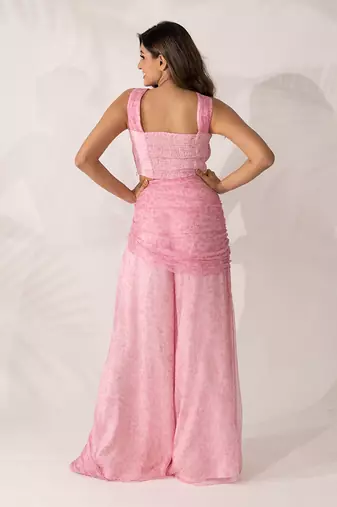 Pink cherry blossom co-ord with hand pleated crop top and tie-up pants