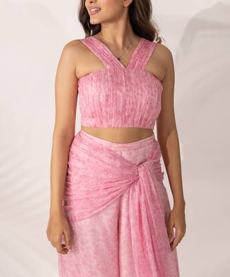 Pink cherry blossom co-ord with hand pleated crop top and tie-up pants 4