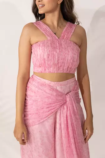 Pink cherry blossom co-ord with hand pleated crop top and tie-up pants