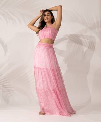 Pink cherry blossom hand pleated crop top and maxi skirt 1