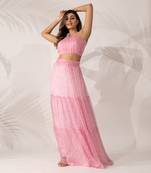 Pink cherry blossom hand pleated crop top and maxi skirt