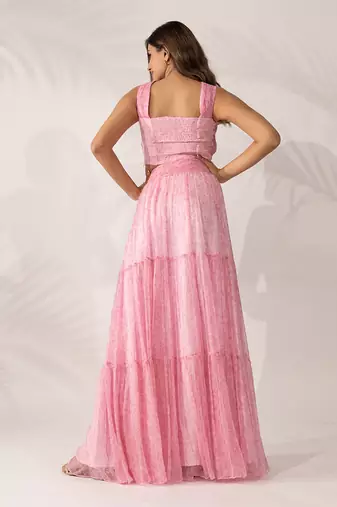 Pink cherry blossom hand pleated crop top and maxi skirt