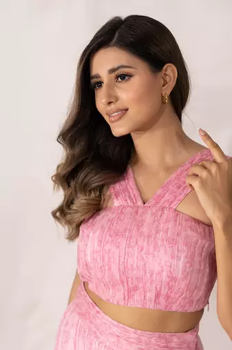 Pink cherry blossom hand pleated crop top and maxi skirt