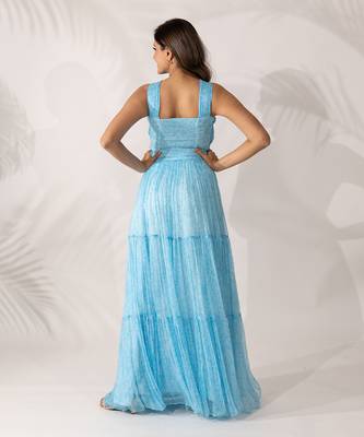 Blue himalayan poppy pleated bandeau crop top and skirt set 2