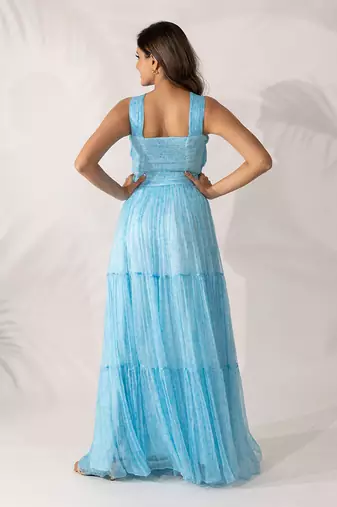 Blue himalayan poppy pleated bandeau crop top and skirt set