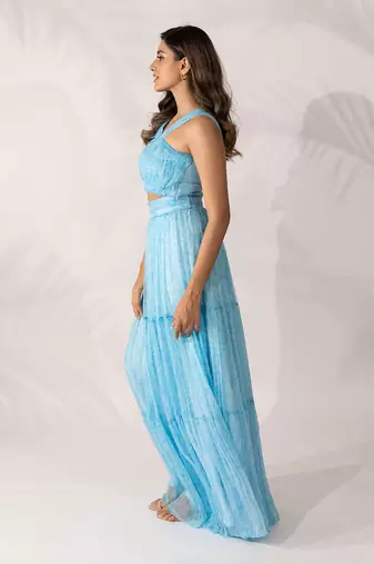 Blue himalayan poppy pleated bandeau crop top and skirt set