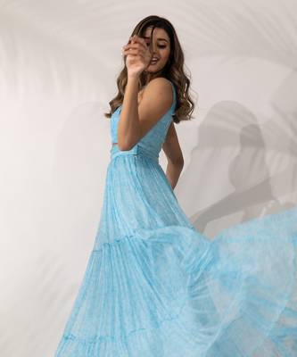 Blue himalayan poppy pleated bandeau crop top and skirt set 4