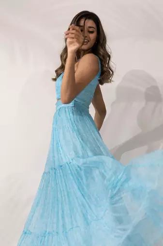 Blue himalayan poppy pleated bandeau crop top and skirt set