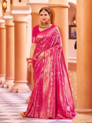 Pink Kumbhi silk bland banarasi style zari weaving saree with Blouse 1