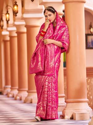 Pink Kumbhi silk bland banarasi style zari weaving saree with Blouse 4