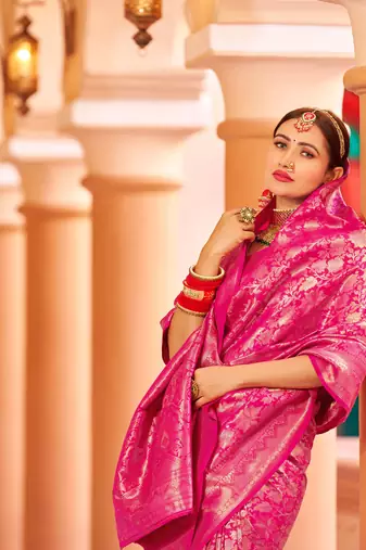 Pink Kumbhi silk bland banarasi style zari weaving saree with Blouse