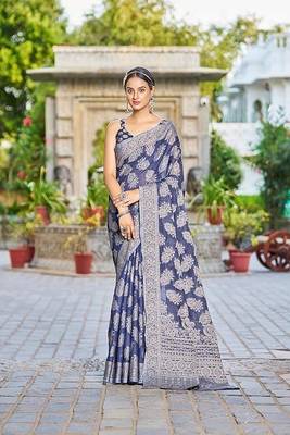 Blue Lucknowi Chikankari Cotton Blend Woven Sarees For With Blouse 1