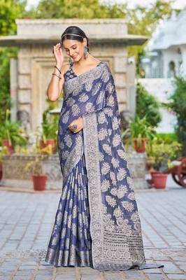 Blue Lucknowi Chikankari Cotton Blend Woven Sarees For With Blouse 2