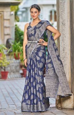 Blue Lucknowi Chikankari Cotton Blend Woven Sarees For With Blouse 3