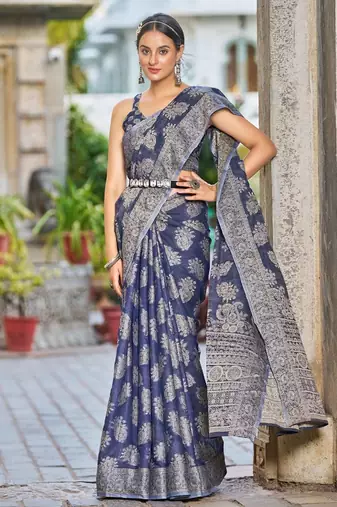 Blue Lucknowi Chikankari Cotton Blend Woven Sarees For With Blouse