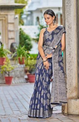 Blue Lucknowi Chikankari Cotton Blend Woven Sarees For With Blouse 4