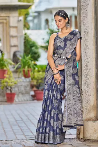 Blue Lucknowi Chikankari Cotton Blend Woven Sarees For With Blouse