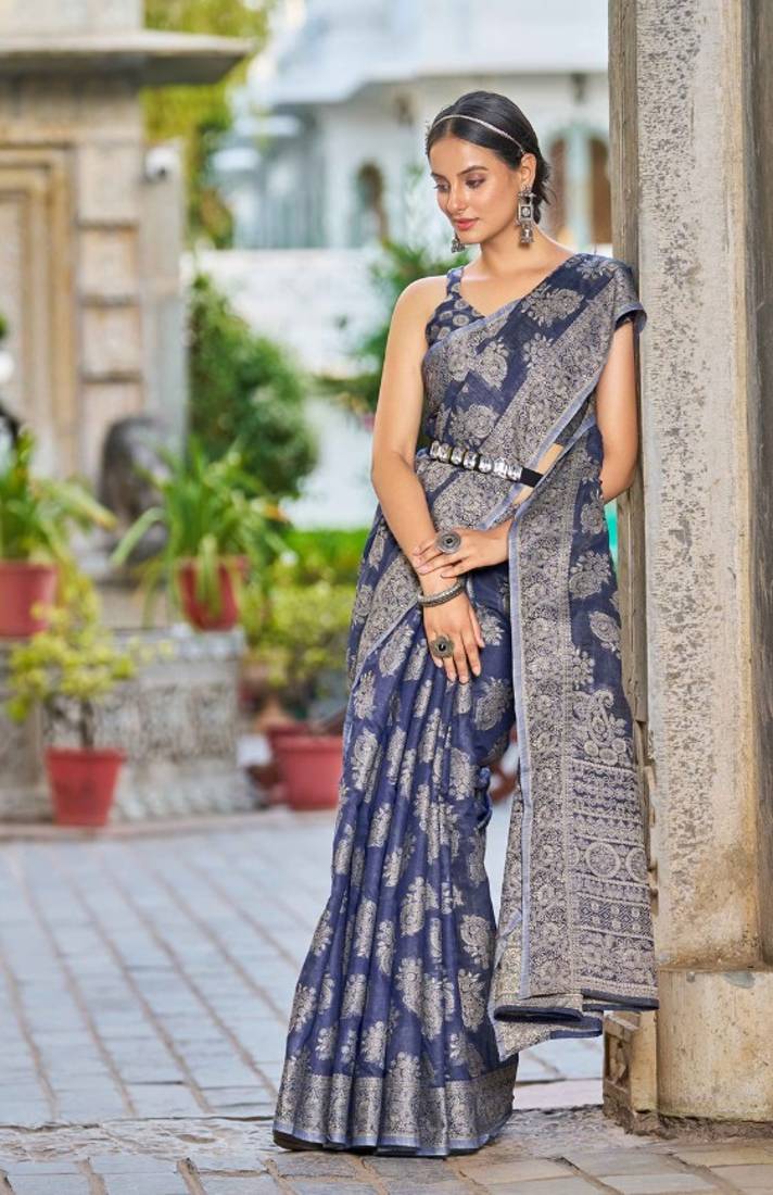 Blue Lucknowi Chikankari Cotton Blend Woven Sarees For With Blouse