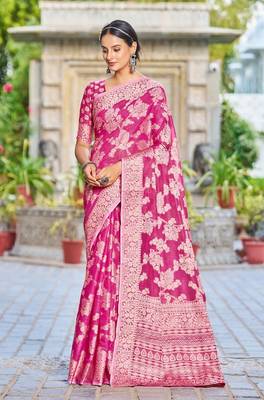 Pink Lucknowi Chikankari Cotton Blend Woven Sarees For With Blouse Sarees For Women 1