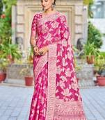 Pink Lucknowi Chikankari Cotton Blend Woven Sarees For With Blouse Sarees For Women