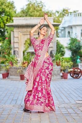 Pink Lucknowi Chikankari Cotton Blend Woven Sarees For With Blouse Sarees For Women 2