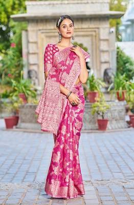 Pink Lucknowi Chikankari Cotton Blend Woven Sarees For With Blouse Sarees For Women 3