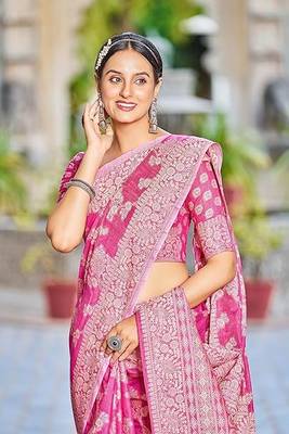Pink Lucknowi Chikankari Cotton Blend Woven Sarees For With Blouse Sarees For Women 4