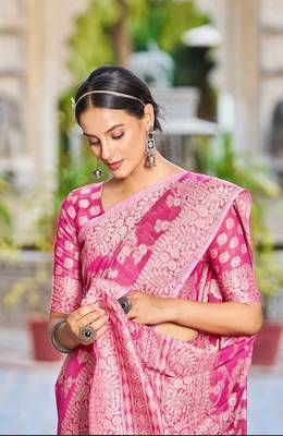 Pink Lucknowi Chikankari Cotton Blend Woven Sarees For With Blouse Sarees For Women 5