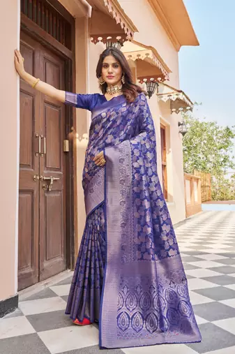 Navy Kanjivaram style Leaves silk bland zari work saree with Blouse