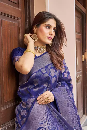 Navy Kanjivaram style Leaves silk bland zari work saree with Blouse