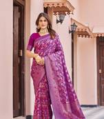 Wine Faux Kanjivaram Silk Zari Woven Floral Design Casual Wear Women Silk Saree With Blouse