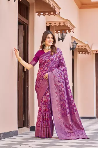 Wine Faux Kanjivaram Silk Zari Woven Floral Design Casual Wear Women Silk Saree With Blouse