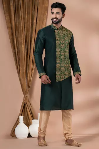 green embroidered kurta set for men