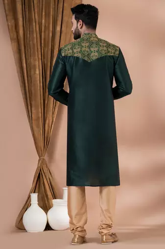 green embroidered kurta set for men