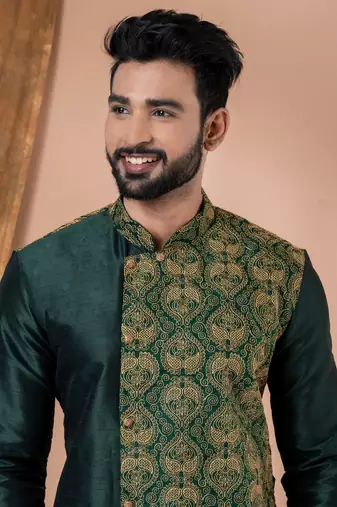green embroidered kurta set for men