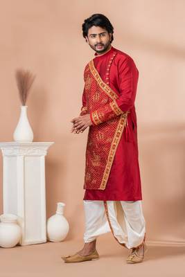 red embroidered dhoti kurta set for men 1