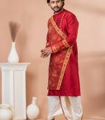 red embroidered dhoti kurta set for men
