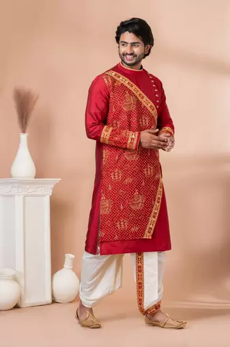 red embroidered dhoti kurta set for men