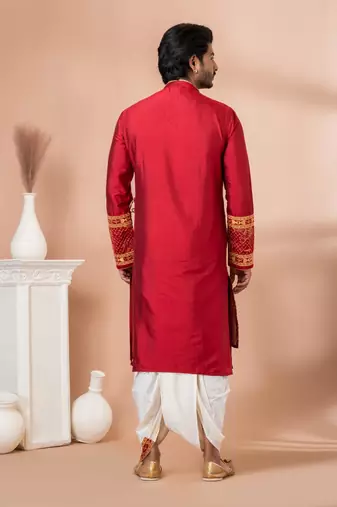 red embroidered dhoti kurta set for men