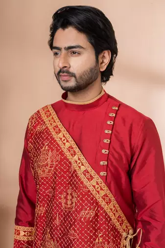 red embroidered dhoti kurta set for men