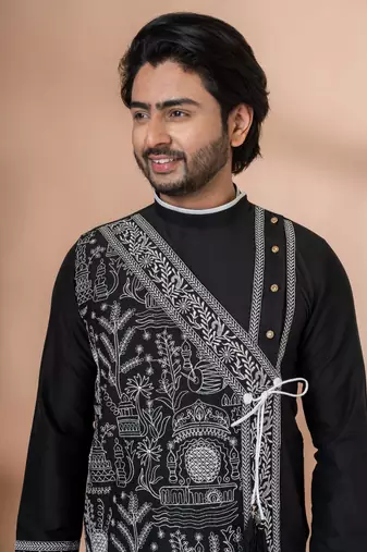 dhoti and black embroidered kurta set