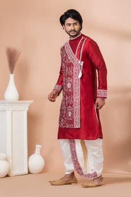 Red Viscose Thread Embroidered Dhoti and Angrakha Set 1