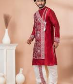 Red Viscose Thread Embroidered Dhoti and Angrakha Set